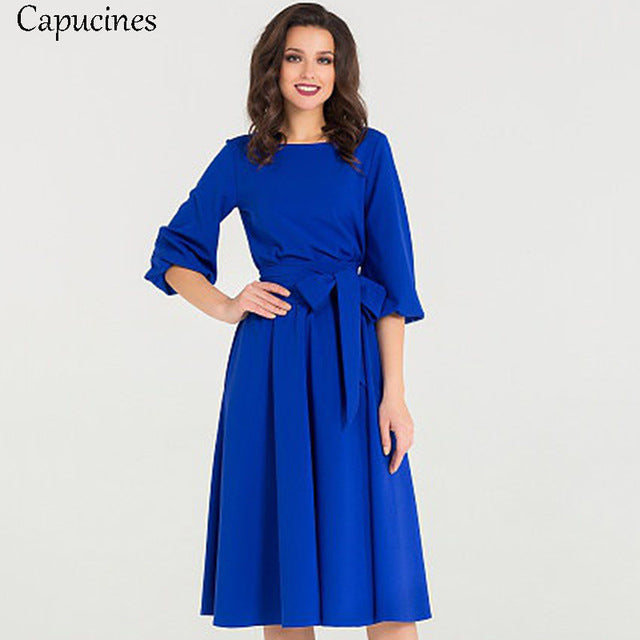 2018 Autumn Vintage Soild Lantern Sleeve A-Line Dress Women Elegant O-Neck Half Sleeve Pocket Sashes Knee-Length Casual Dress