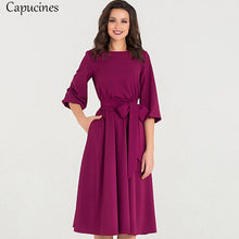 Load image into Gallery viewer, 2018 Autumn Vintage Soild Lantern Sleeve A-Line Dress Women Elegant O-Neck Half Sleeve Pocket Sashes Knee-Length Casual Dress