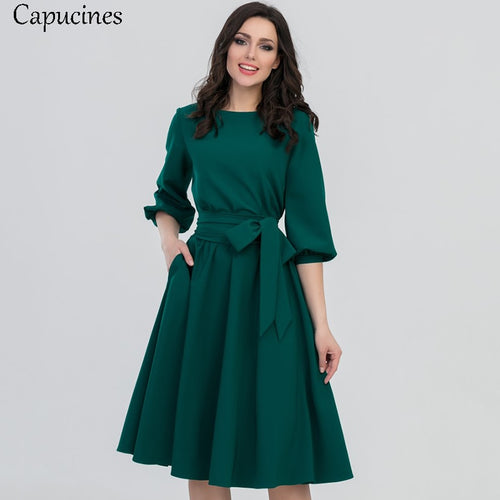 2018 Autumn Vintage Soild Lantern Sleeve A-Line Dress Women Elegant O-Neck Half Sleeve Pocket Sashes Knee-Length Casual Dress