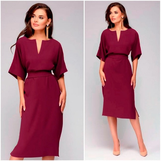 Autumn Dress 2018 Women Casual Elegant Office Dresses Female Sexy V-Neck Knee-Length Burgundy Dress