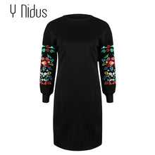 Load image into Gallery viewer, Y Nidus Dresses Women Winter Mini Dress Elegant Floral Print Long Sleeve O-Neck Loose Warm Dress Black Streeetwear vestido 2018