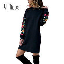 Load image into Gallery viewer, Y Nidus Dresses Women Winter Mini Dress Elegant Floral Print Long Sleeve O-Neck Loose Warm Dress Black Streeetwear vestido 2018