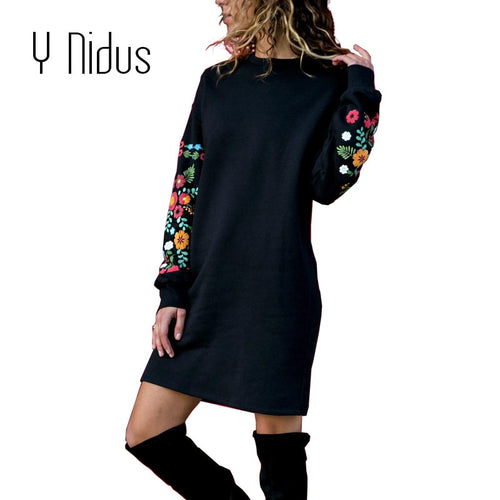 Y Nidus Dresses Women Winter Mini Dress Elegant Floral Print Long Sleeve O-Neck Loose Warm Dress Black Streeetwear vestido 2018